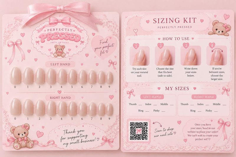 The Perfectly Pressed sizing kit: two pink cards with numbered nail sizes for each hand, a how to use guide and a space to write down your sizes
